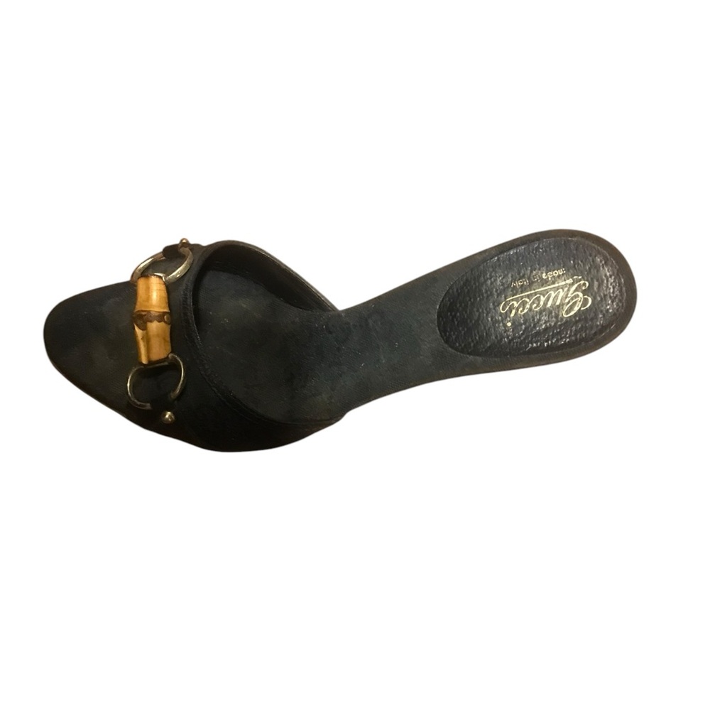 Authentic Gucci Women's Blk Leather & Bamboo Straw Bit Open Toe Sandal Heel 8.5 - Picture 2 of 5